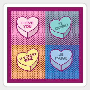 Pop Art love in any language Candy Hearts Sticker